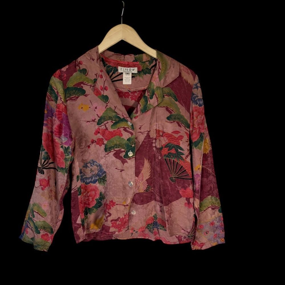 Citron Santa Monica Women's 100% Silk Abstract Floral Blouse Sz M